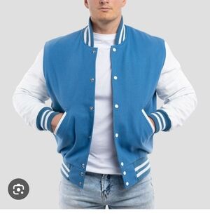 Mens New Varsity Base Lettermans Jacket. Newark Blue And Bright White. Size XS.